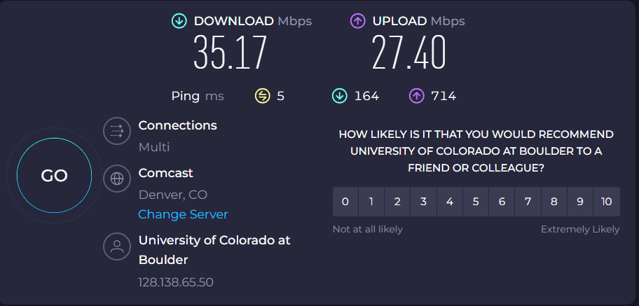CU Guest speedtest at the edge of coverage — 35.17 down / 27.40 up Mbps, 5 ms ping
