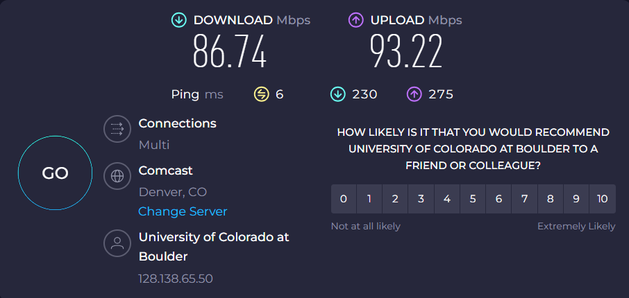 CU Guest speedtest near the access point — 86.74 down / 93.22 up Mbps, 6 ms ping